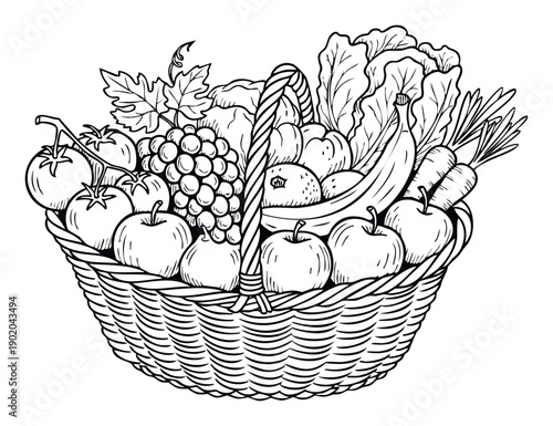 A wholesome harvest basket filled with fresh produce including apples grapes bananas tomatoes carrots and lettuce perfect for promoting healthy eating education and organic lifestyle