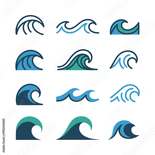 A collection of blue wave logos on a white background