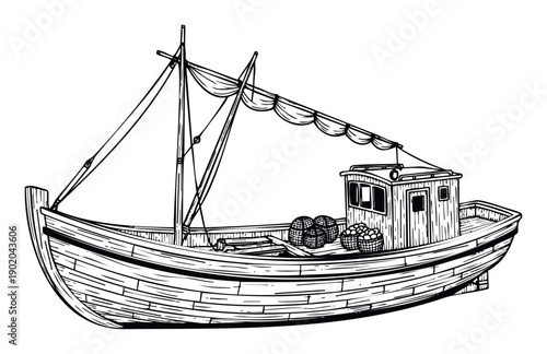 Classic fishing boat design featuring a detailed wooden hull, cabin, and fishing gear, suitable for historical graphic novels, marine studies, or travel brochures.