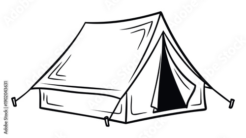 Simple black and white line drawing of a classic camping tent providing a graphic symbol for outdoor adventure, travel, and nature activities for various visual projects.