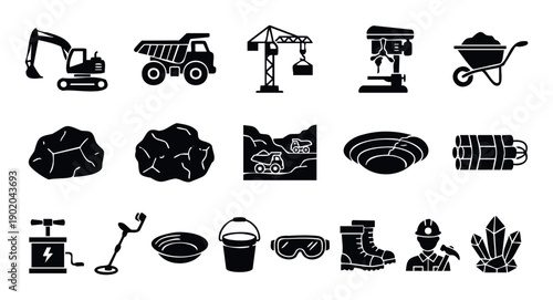 Mining and excavation industry equipment and objects glyph icons collection for industrial presentations and graphic resource applications