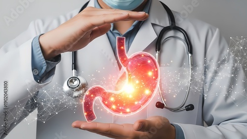 Doctor holding glowing stomach model highlighting digestive health issues