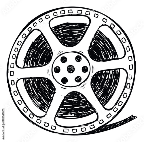 Simple monochromatic drawing of a classic movie film spool for use in filmmaking education resources, vintage cinema marketing campaigns, or multimedia history displays.
