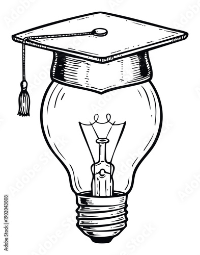Symbolic light bulb with a graduation cap conveying wisdom, discovery, and academic excellence, suitable for university advertising, study programs, or educational presentations.