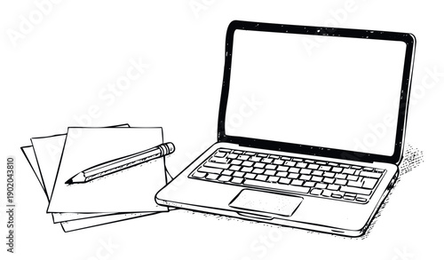 A hand drawn sketch displaying an open laptop computer with a blank screen alongside a stack of papers and a writing pencil, useful for themes of work, study, and traditional versus modern