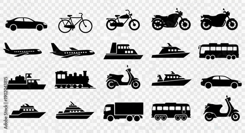 Collection of diverse transportation vehicle silhouettes on a transparent background.
