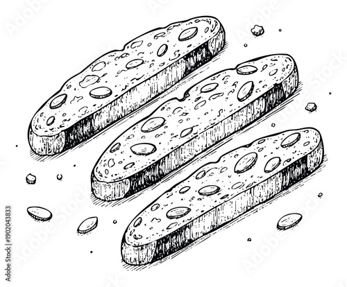 Hand drawn sketch of three crispy Italian biscotti biscuits with almonds, perfect for bakery menus, cookbooks, food blogs, or restaurant decor.