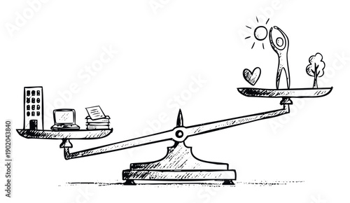 Hand drawn sketch illustrating an unbalanced work life scale where career demands outweigh personal well being and happiness, ideal for business presentations and motivational content