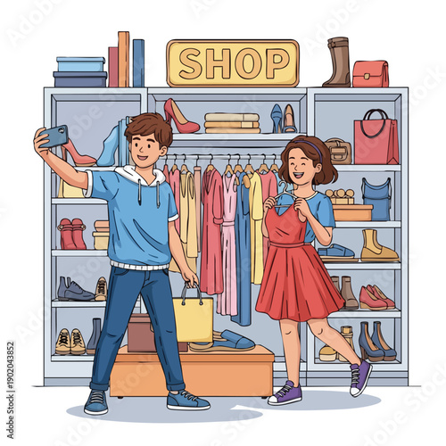 Young couple enjoying a fun shopping trip together.