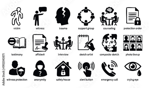Essential legal justice and victim support service icons covering investigation, protection, testimony, counseling, and safety for use in advocacy and informational materials.