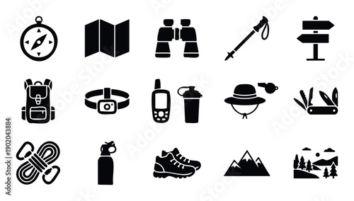 Outdoor adventure and hiking gear flat icons representing essential camping and trekking equipment like compass, map, backpack, and boots, perfect for wilderness exploration content and
