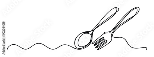 A continuous single line drawing depicts a minimalist spoon and fork utensil set, forming an elegant mealtime graphic perfect for restaurant branding or culinary promotions.