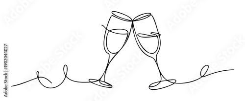 Elegant single line drawing of two champagne glasses clinking in a toast, perfect for celebrating anniversaries, New Year, weddings, or any festive occasion