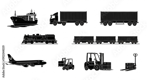 Collection of diverse transportation vehicles and equipment silhouettes.