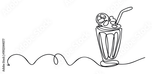 Continuous line drawing of a delicious cool beverage with whipped topping and straw in a tall glass perfect for summer drink promotions menus or cafe branding materials