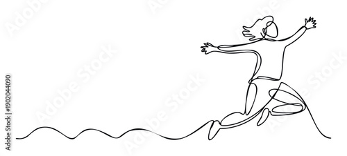 Dynamic one line drawing of a person leaping with arms outstretched, symbolizing joy and freedom, perfect for motivational content, health campaigns, or energetic branding materials