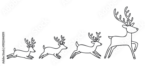 Simple line art drawing of four running deer in a sequential progression ideal for winter holiday designs children books or nature themed educational materials