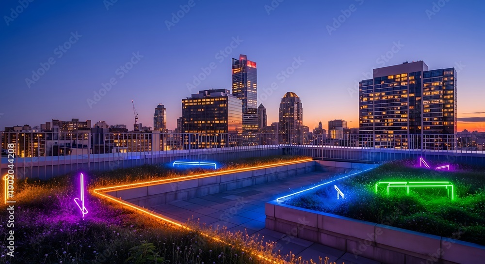 Fototapeta premium Cityscape with Neon Lights at Dusk.