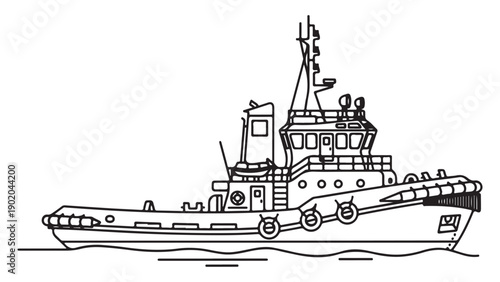 Detailed Line Drawing of a Tugboat on Water