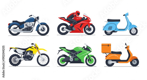 Collection of diverse motorcycles and scooters illustration.