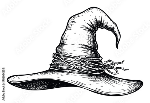 Classic witch hat with a pointed crown and wide brim adorned with thorny branches, ideal for spooky Halloween decorations, magical event invitations, or mysterious fantasy designs.