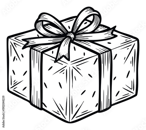 Hand drawn gift box with a decorative ribbon bow, perfect for holiday greetings, birthday wishes, or special occasion marketing materials and celebration branding.
