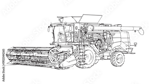 Detailed Line Art of Agricultural Harvesting Machine