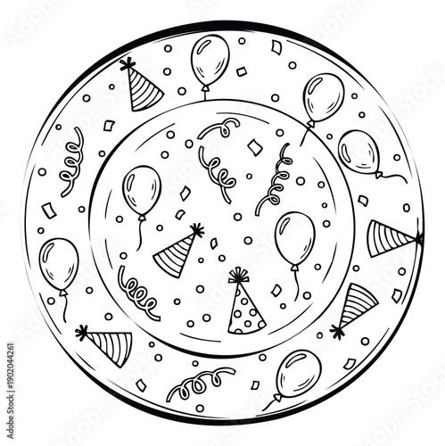 Whimsical birthday celebration doodle featuring party hats balloons confetti and streamers arranged in a circular frame ideal for playful childrens coloring pages or festive greeting designs