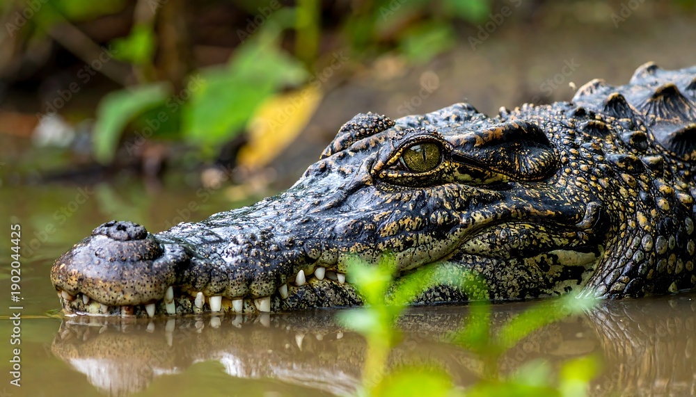 Obraz premium Close-up of a Crocodiles Head Emerging from Murky Water with Green Foliage.