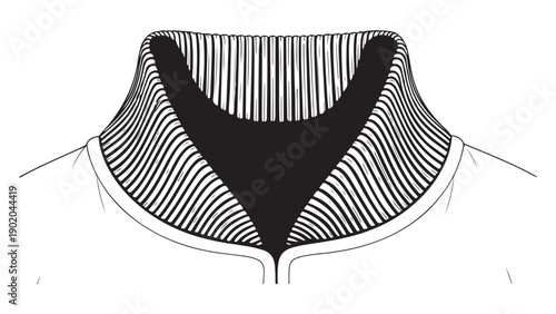 Detailed Line Art of a High Neck Ribbed Collar with Black V-Shaped Insert