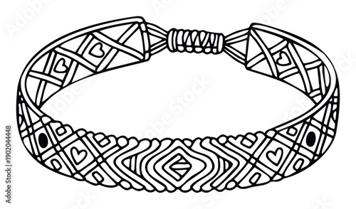Detailed monochrome woven bracelet featuring intricate geometric designs and charming heart patterns, ideal for crafting concepts or childrens activity books