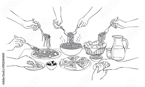 Group of individuals enjoying a delightful Italian dinner, featuring steaming spaghetti, sliced pizza, and assorted bread, illustrating togetherness and shared culinary moments.