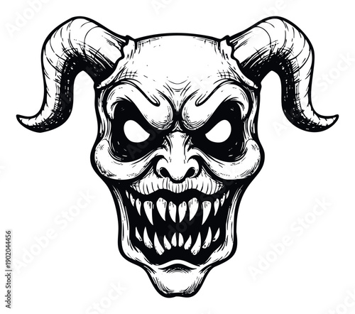 Menacing demonic monster head with prominent horns and sharp fangs depicting a frightening evil expression perfect for horror related publications or dark apparel designs