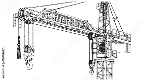 Vector Outline Illustration of Construction Crane Boom and Lifting System