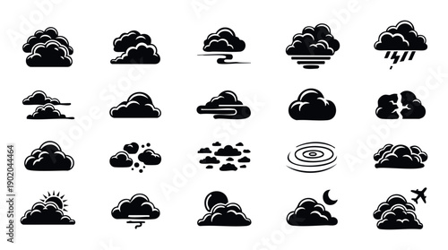 Collection of diverse cloud icons representing various weather conditions and atmospheric phenomena, ideal for meteorology applications, climate reports, and graphic interface designs