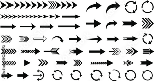 Arrow icon collection with straight, curved, circular, segmented, outlined, and stylized designs showing direction, rotation, movement, and flow for graphic design and digital projects