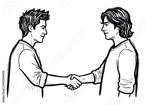 Two young men shaking hands, signifying agreement and cooperation, useful for business concepts, human interaction, and professional relationships
