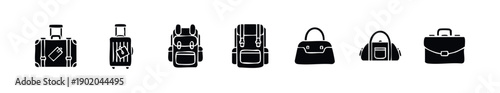 Diverse collection of luggage and travel bags icons including suitcases backpacks duffel bags and briefcases perfect for tourism journey vacation and business trip concepts