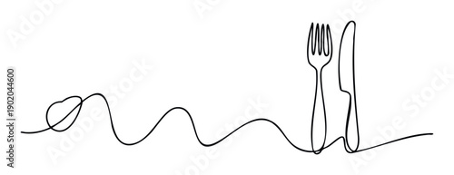 Elegant single line drawing depicting a heart connecting to a fork and knife symbolizing a love for culinary experiences and delicious food suitable for various food related marketing