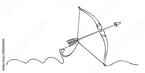 Simple continuous line drawing of a classic archers bow and arrow ready to launch, symbolizing aim, precision, and achievement for sports, history, or minimalist design applications.