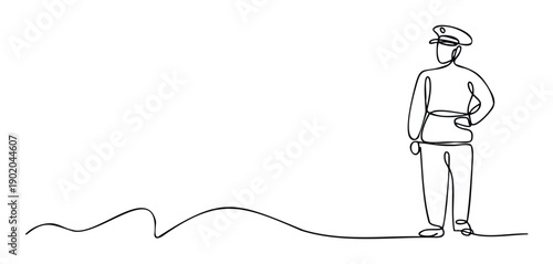 Continuous line drawing of a standing officer wearing a uniform and cap, perfect for minimalist graphic designs, symbolic representations of authority, or modern visual communication