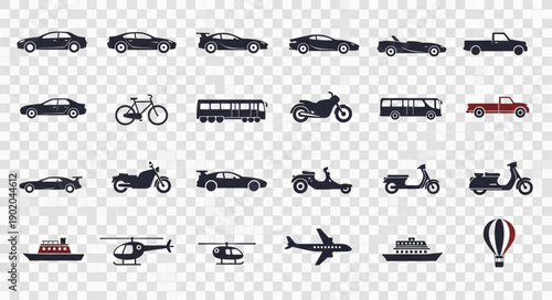 Collection of Diverse Transportation Icons and Silhouettes.