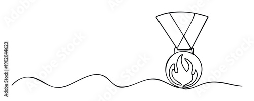 A single continuous line drawing depicts a medal with a flame emblem, symbolizing victory and competition, ideal for sports events, awards ceremonies, or motivational visual content.
