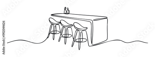 Continuous line drawing of a modern bar counter with three high stools, perfect for interior design concepts, cafe layouts, or hospitality furniture inspiration