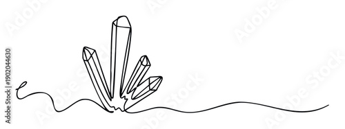 Abstract continuous line drawing presenting a modern cluster of geometric crystal shapes rising from a single flowing curve, suitable for sleek web assets and contemporary spiritual