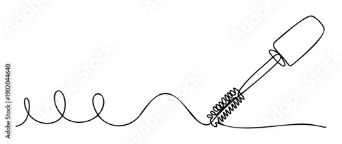 Continuous line drawing of a mascara wand pulling a black wavy line and looping patterns, ideal for cosmetic advertisements and modern beauty branding applications