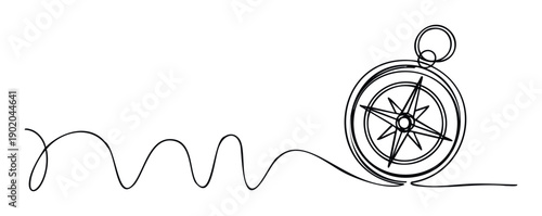 Single continuous line drawing of a navigation compass icon symbolizing discovery and finding your way for travel and education graphics.