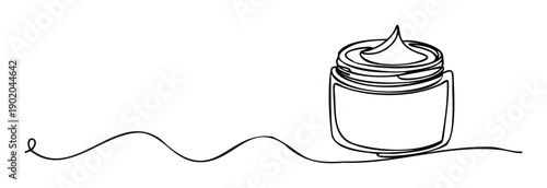 Continuous line drawing of a cosmetic cream jar with swirled product and a flowing wavy line perfect for skincare promotions or minimalist product packaging applications