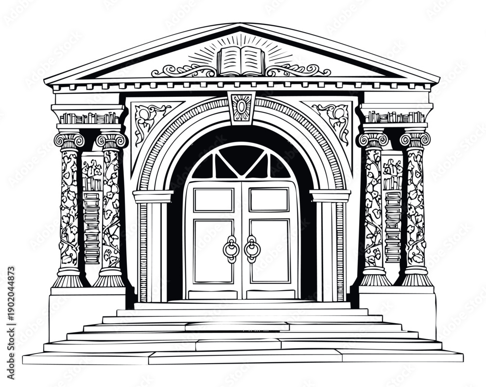 Fototapeta premium Black and white line drawing of a classical building entrance featuring columns, an arched door, and steps, suitable for educational materials or architectural design projects.