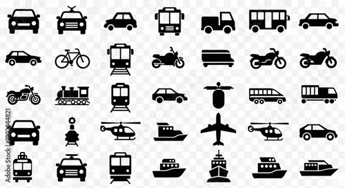 Collection of diverse transportation vehicle icons.